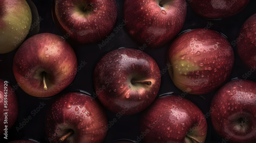 Top view of apples on a black background with water droplets Top view of apples on a black background with water droplets
