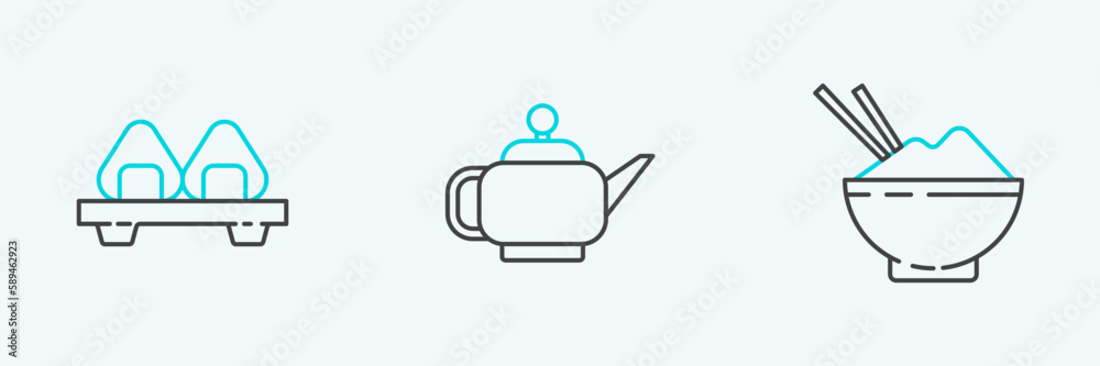 Obraz premium Set line Rice in a bowl with chopstick, Sushi on cutting board and Japanese tea ceremony icon. Vector