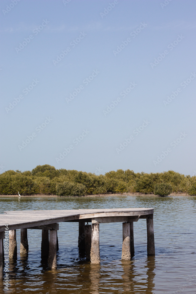 Wooden bridge gangway on the sea shore, blue water, summer, good sunny weather, beach, shoreline, mangrove island