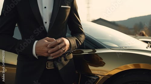A Close-Up of a Rich Businessman Standing in Front of a Luxurious Supercar. Generative AI