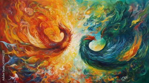 Fiery Phoenix vs Emerald Dragon, Dramatic Oil Painting, Mountain Landscape, Generative AI