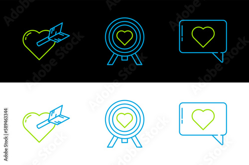 Set line Like and heart, Amour with arrow and Heart in the center of darts target aim icon. Vector