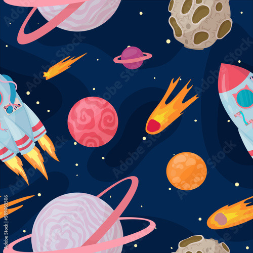 UFOs, spaceships, rockets. Solar system, intergalactic travel. Galaxies, planets, asteroids, comets, shooting stars. Vector illustration in cartoon style on a white background.