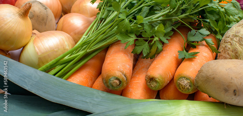 Zakupy z targu - świeże warzywa zielenina marchew , cebula photo