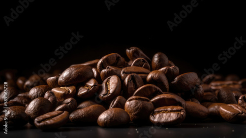 Closeup texture of roasted coffee beans for background design, top view, close-up. Generative AI