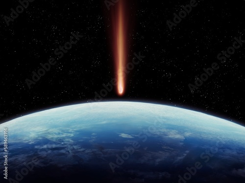Fototapeta Naklejka Na Ścianę i Meble -  Comet is approaching Earth. Meteorite is moving towards the blue planet. Dangerous space object.