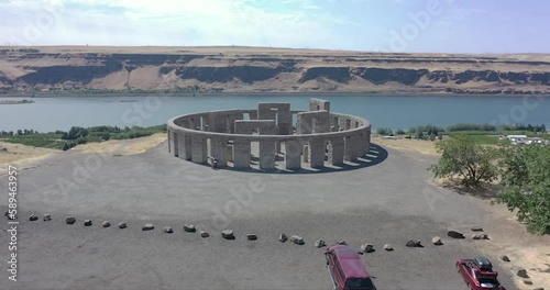 Drone footage of Stonehenge Memorial overlooking the Columbia River in Maryhill, Washington photo