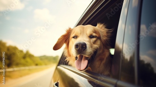 A Happy Dog's Travel Adventure on a Sunny Car Ride. Generative AI