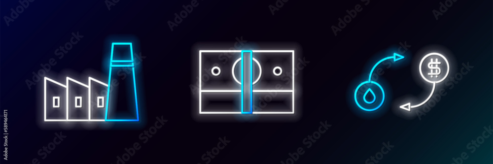 Set line Oil exchange, industrial factory building and Stacks paper money cash icon. Glowing neon. Vector Set line Oil exchange, industrial factory building and Stacks paper money cash icon. Glowing neon. Vector