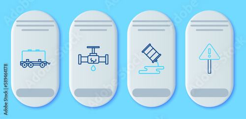 Set line Broken pipe with leaking water, Barrel oil, Oil railway cistern and Exclamation mark triangle icon. Vector