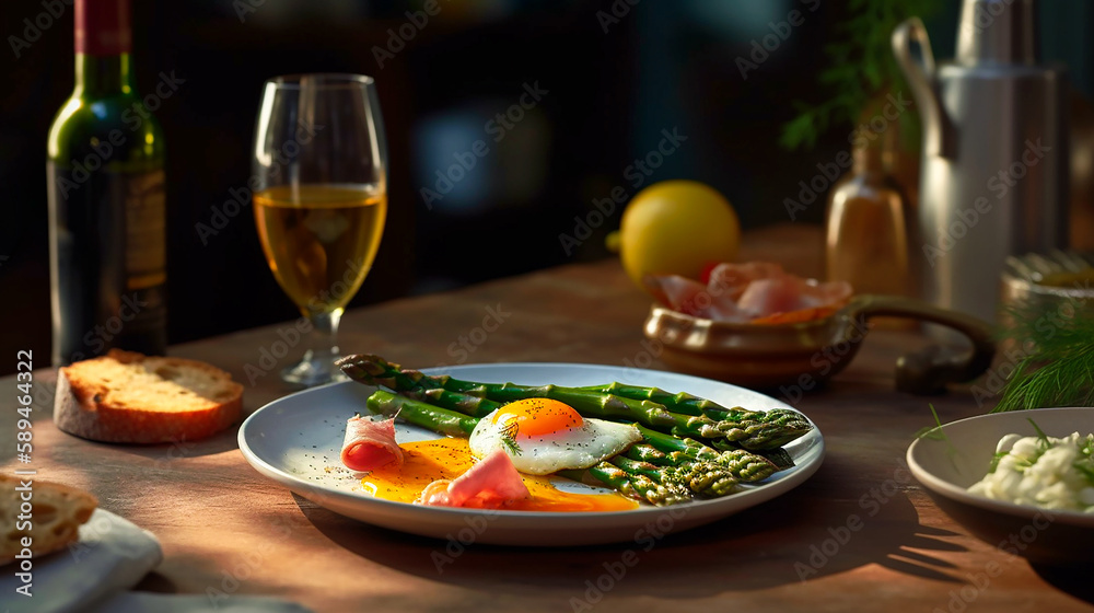 asparagus with fried egg and ham lying on a white plate next to a bottle of white wine. AI generativ asparagus with fried egg and ham lying on a white plate next to a bottle of white wine. AI generativ