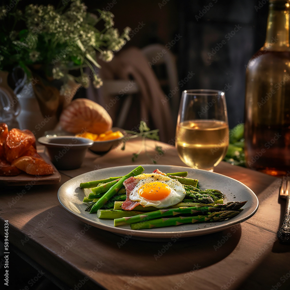asparagus with fried egg and ham lying on a white plate next to a bottle of white wine. AI generativ