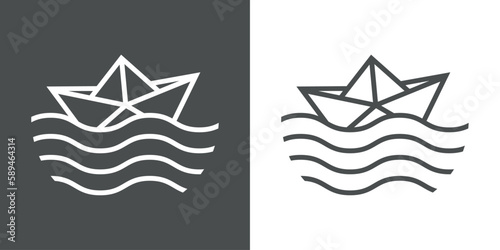 Logo Nautical. Barco de papel lineal estilo origami con olas de mar