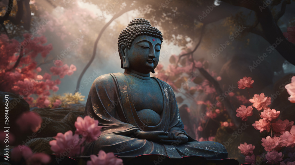 buddha statue under the blossom trees - obrazy, fototapety, plakaty 
