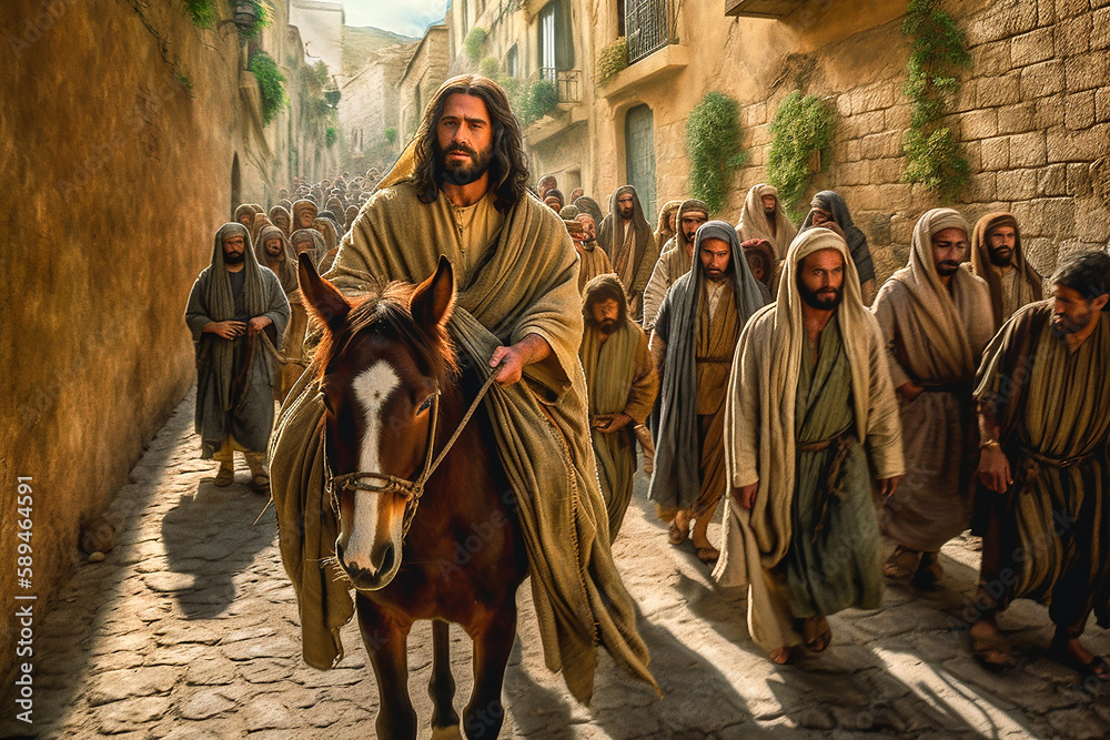 Jesus christ riding a donkey into jerusalem.Ai generativ. Jesus christ riding a donkey into jerusalem.Ai generativ.