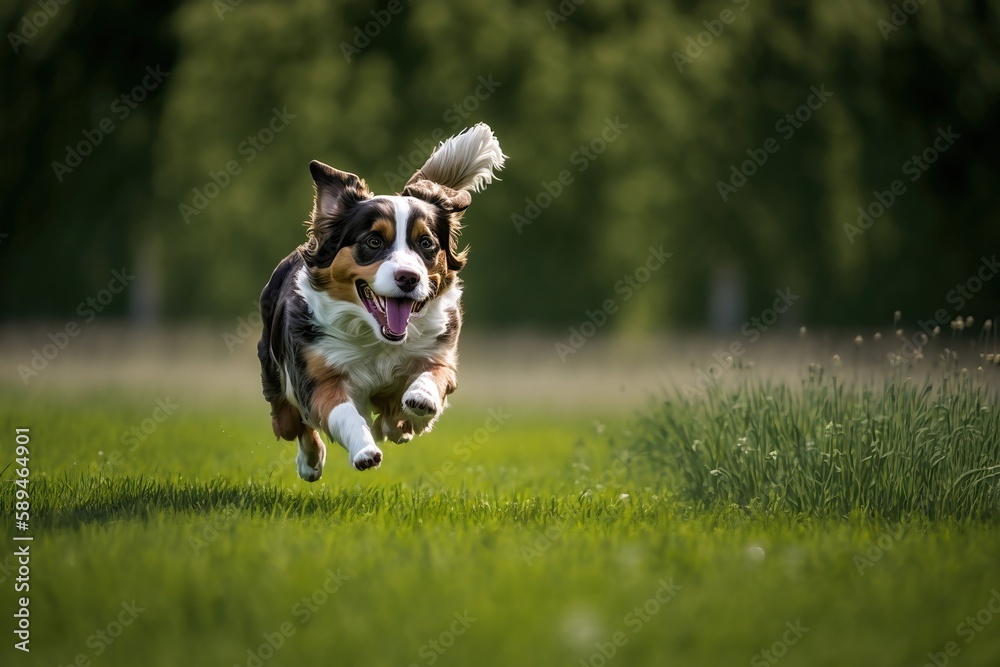 Portrait of dog runing outdoors in a garden or filed on a sunny summer day. Generative AI.
