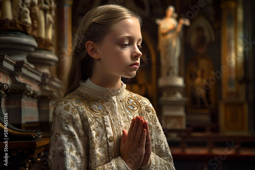 A praying girl in her first communion outfit. AI generativ.