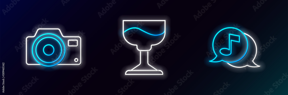 Set line Musical note in speech bubble, Photo camera and Cocktail icon. Glowing neon. Vector Set line Musical note in speech bubble, Photo camera and Cocktail icon. Glowing neon. Vector