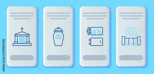 Set line Funeral urn, Crematorium, Old crypt and Grave with tombstone icon. Vector
