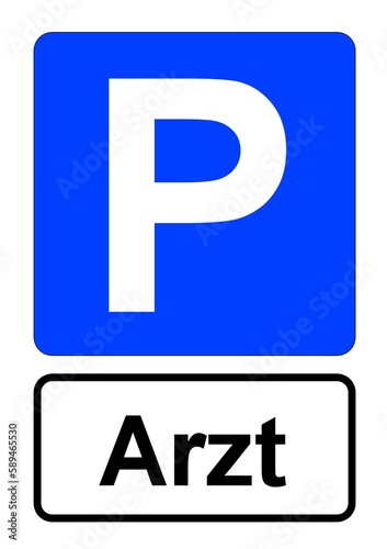 Illustration eines blauen Parkplatzschildes mit der Aufschrift "Arzt" 