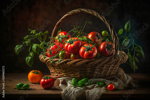 tomatoes in a rustic basket.AI generativ.