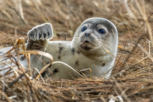 Φωτογραφία Closeup of a Caspian seal ( Pusa caspica) on the straw against blurred backgroun