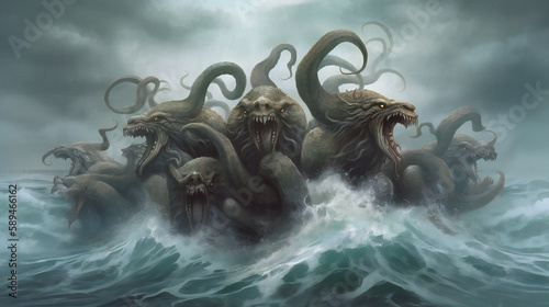 Hydra Heads Emerging from Stormy Sea, Menacing Expressions, Digital Illustration, generative AI photo