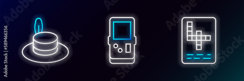 Set line Crossword, Man hat and Tetris icon. Glowing neon. Vector