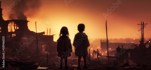Devastating aftermath: Children survey the ruins of their war-torn town. Generative AI