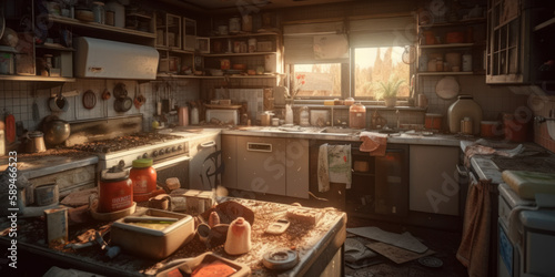 Chaotic kitchen mess: Cluttered countertop and dirty dishes scattered everywhere. Generative AI