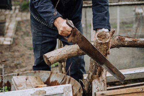 A man, a lumberjack, a worker saws a tree, a log with a hand saw, outdoors, in nature, at a sawmill. Photo, close-up.