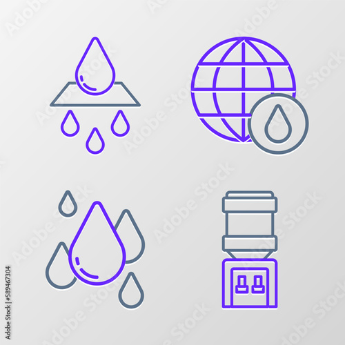 Set line Water cooler, drop, Earth planet in water and Recycle clean aqua icon. Vector