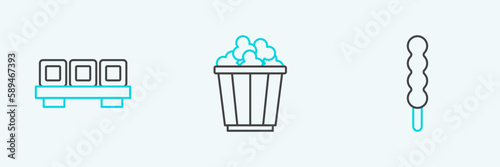 Set line Lollipop, Sushi on cutting board and Popcorn box icon. Vector