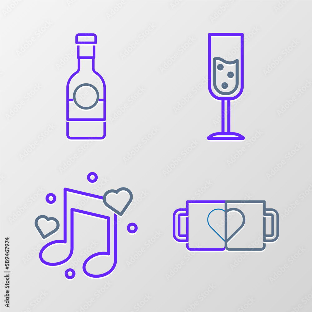 Set line Two coffee cup and heart, Music note, tone with hearts, Glass champagne and Champagne bottle icon. Vector