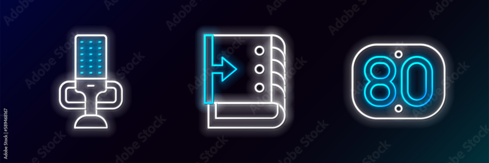 Set line 80s Retro, Microphone and Sound mixer controller icon. Glowing neon. Vector Set line 80s Retro, Microphone and Sound mixer controller icon. Glowing neon. Vector