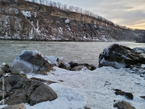 Niagara river banks in snowy winter in Canada
