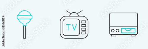 Set line Old video cassette player, Lollipop and Retro tv icon. Vector