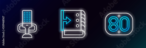Set line 80s Retro, Microphone and Sound mixer controller icon. Glowing neon. Vector