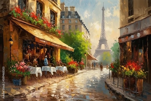 painted illustration of street view in paris, with the eiffel tower in the background, generative ai © tl6781