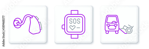 Set line Disabled car, Hearing aid and Smart watch icon. Vector