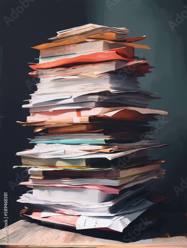 A stack of papers tered on a table lined up in a specific order.. AI generation. photo
