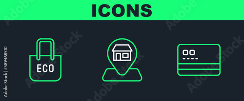 Set line Credit card, Shopping bag with recycle and Location Market store icon. Vector