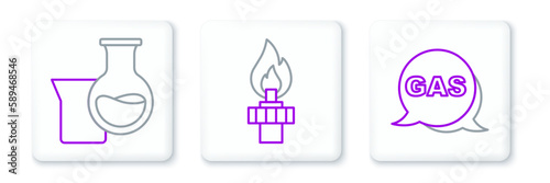 Set line Location and gas station, Oil petrol test tube and rig with fire icon. Vector