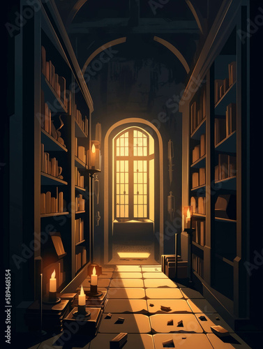 Candlelight casts flickering shadows across a dimly lit library its narrow walls lined with ancient books. Gothic art. AI generation.