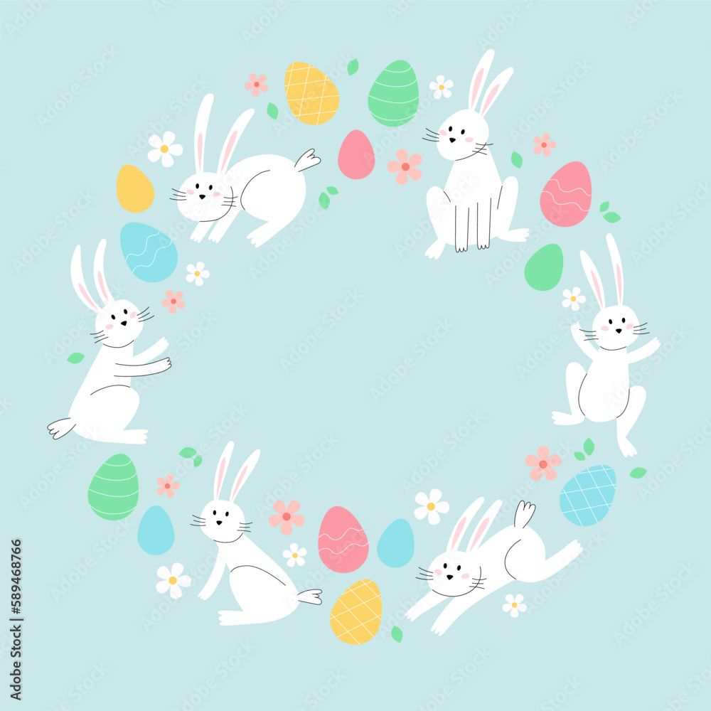 Happy easter card with bunnies and eggs. Minimalist holiday vector illustration design in circular shape