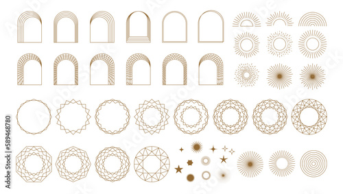 Modern Minimalist Aesthetic linear frames, arcs, stars, and elements.
Vector set.