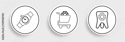 Set line Tooth with diamond, Wrist watch and Jewelry online shopping icon. Vector
