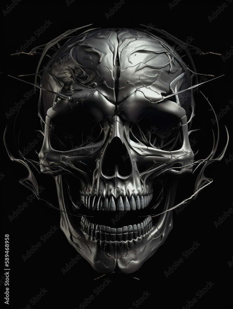 A twisted skull with d teeth its hollow eyes an imtrable gaze. Gothic art. AI generation.