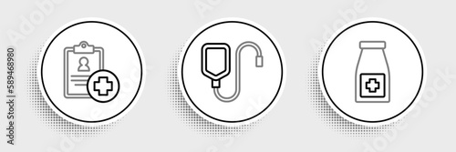 Set line Medicine bottle and pills, Patient record and IV bag icon. Vector