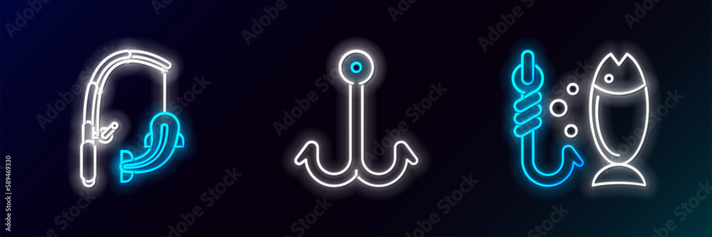 Obraz premium Set line Fishing, rod and fish and hook icon. Glowing neon. Vector
